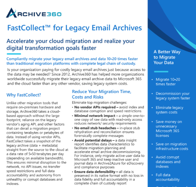 Archive360 FastCollect™️ for Legacy Email Archives